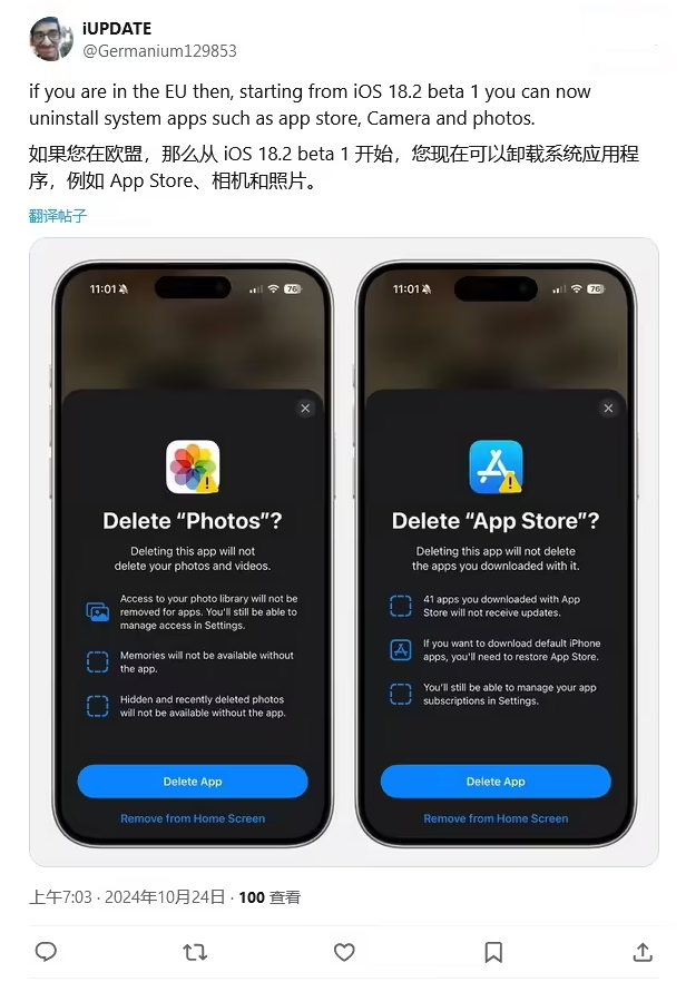 茄子河苹果手机维修分享iOS 18.2 支持删除 App Store 应用商店 