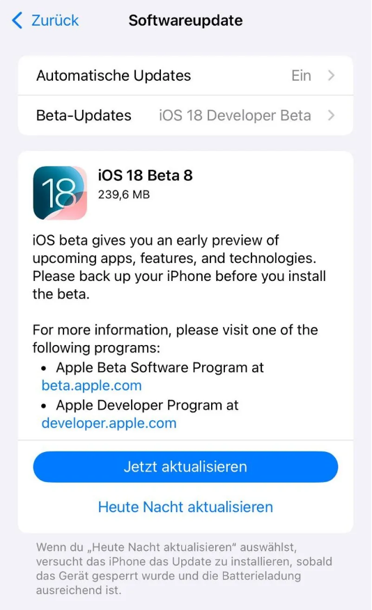茄子河苹果手机维修分享苹果 iOS / iPadOS 18 开发者预览版 Beta 8 发布 